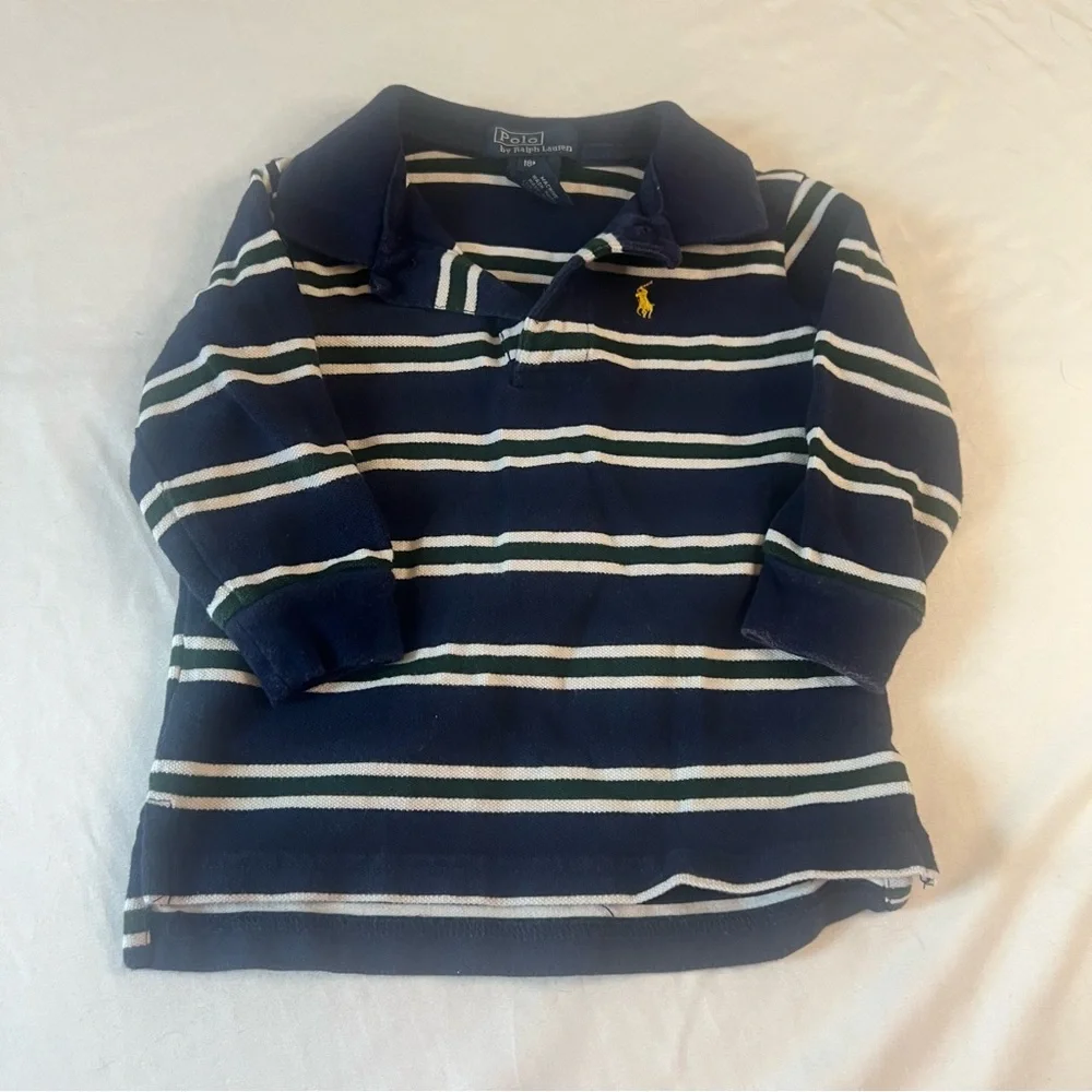 Polo‎ Ralph Lauren Long Sleeve Classic Rugby Polo Shirt Navy Green Stripe 18M